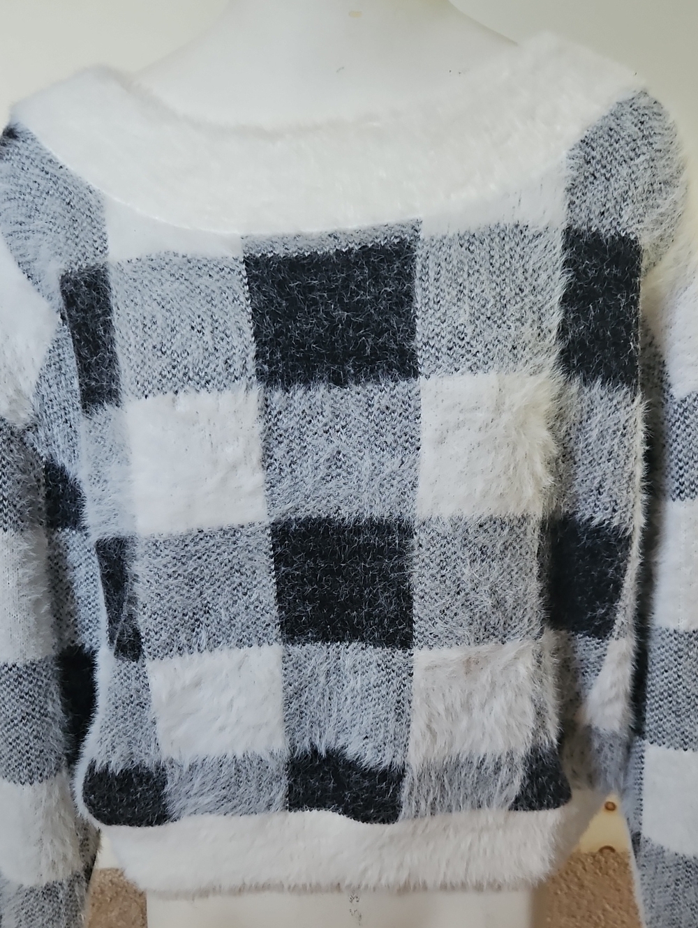Express Black and White Buffalo Check Fuzzy Crew Sweater